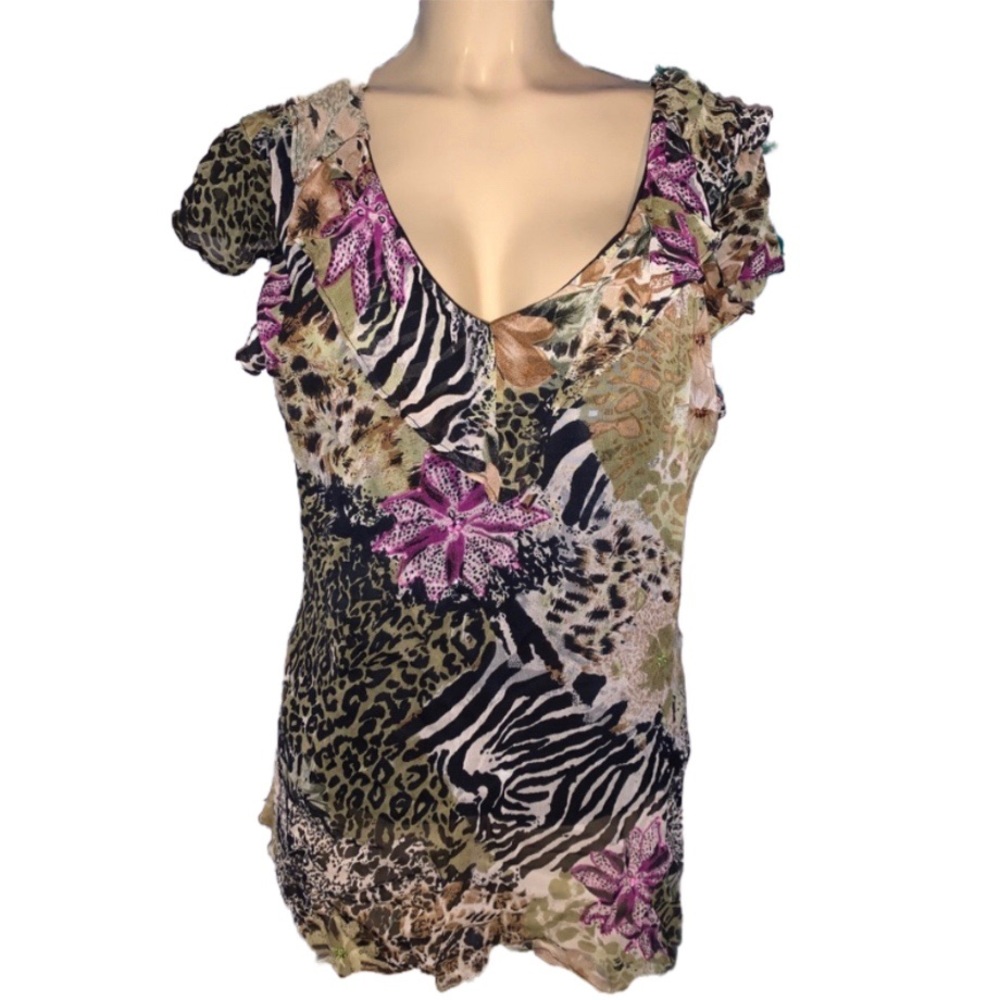 Goblincore Boho Floral Animal Rayon Blouse Top XL